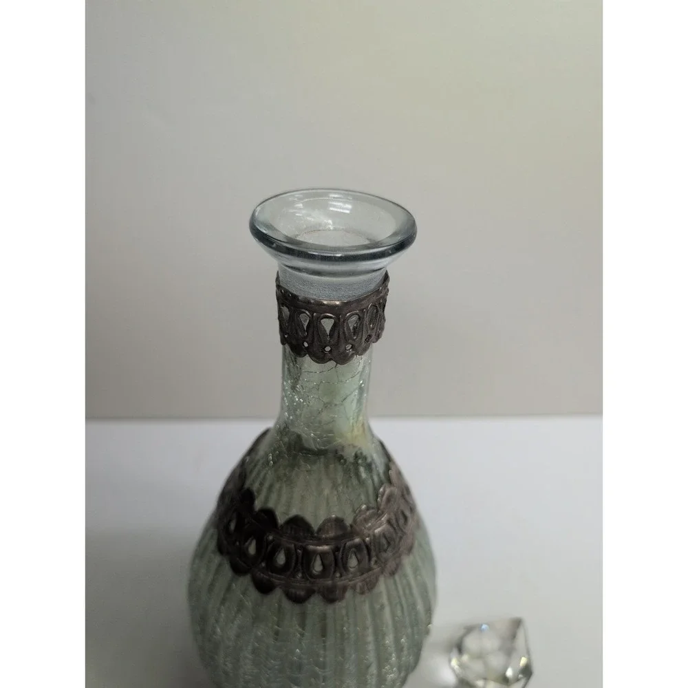Vintage‎ Decanter Blue Crackle Glass w/ Detailed Silver Overlay  12 In